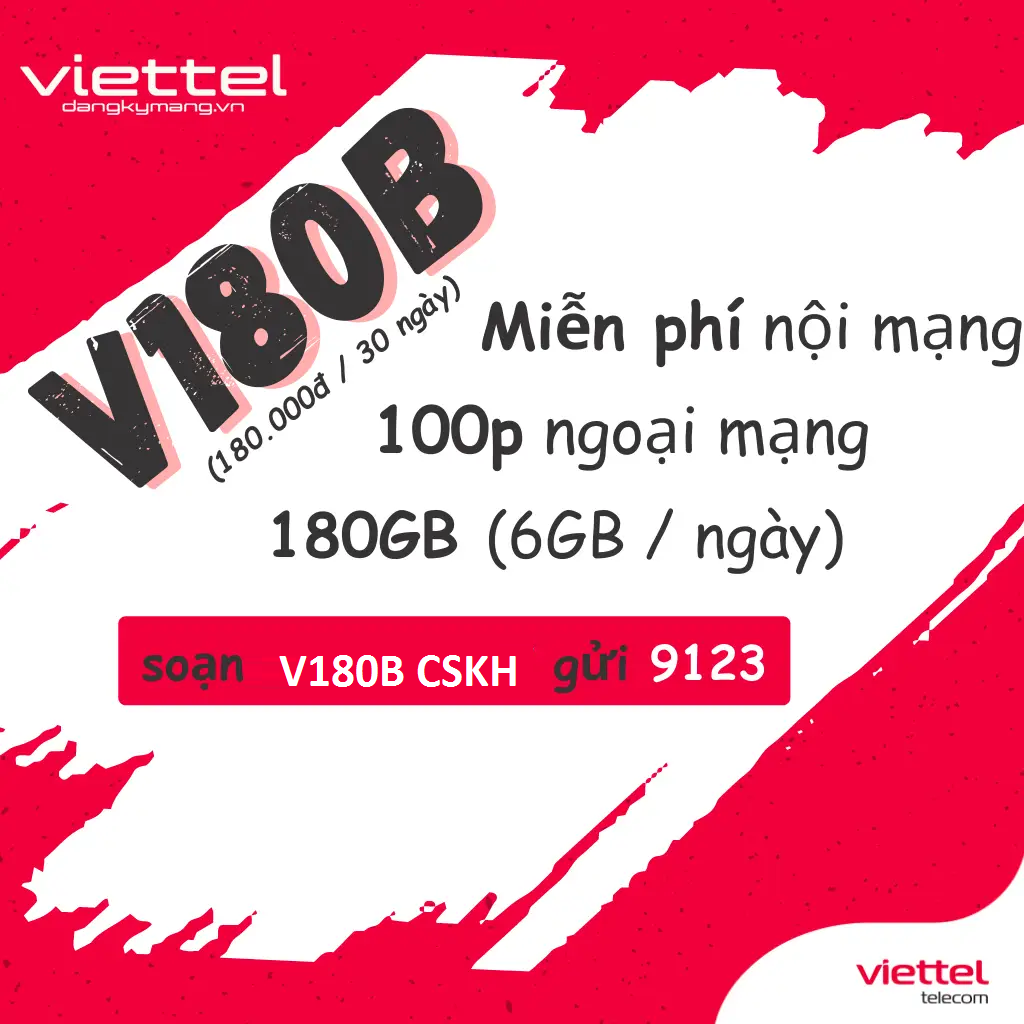 Đăng ký gói V180B Viettel có 180Gb và gọi MIỄN PHÍ